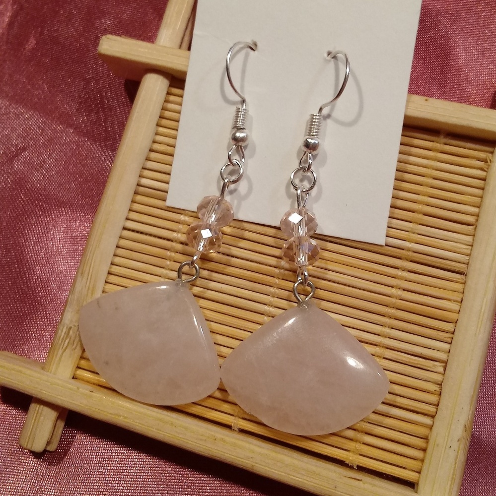 Rose quartz earrings pink rose quartz carved fan
